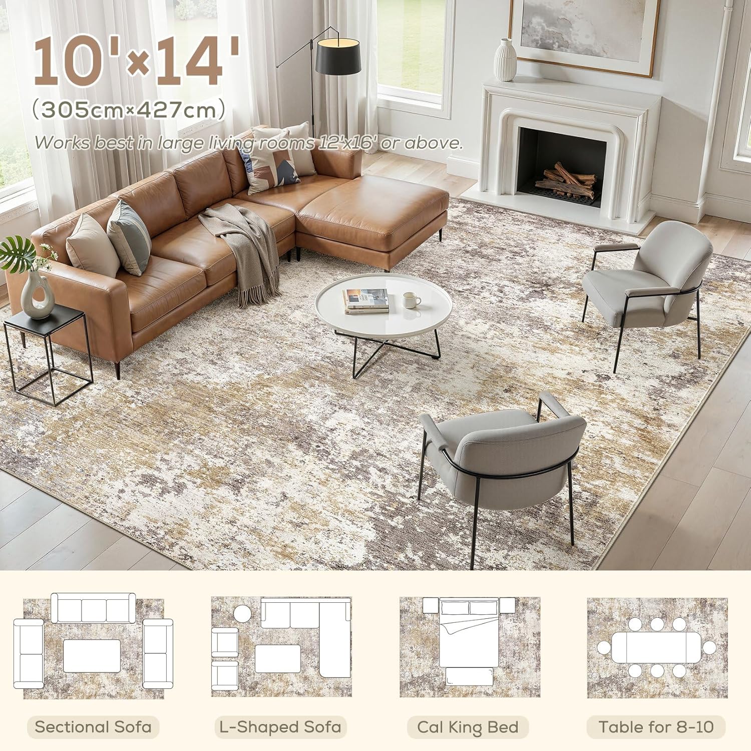 Nakagishi 10X14 Area Rugs for Living Room: Washable Modern Abstract Rug with Non-Slip Silicone Backing Low Pile Soft Carpet for Bedroom & Dining Decor Ideal for Families with Kids and Pets-Brown