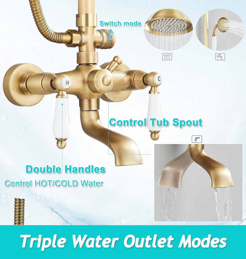 Antique Brass Shower System Outdoor Shower Fixtures with 8 Inch Rain Shower Head and Double Cross Handles Bathroom Shower Faucet Set
