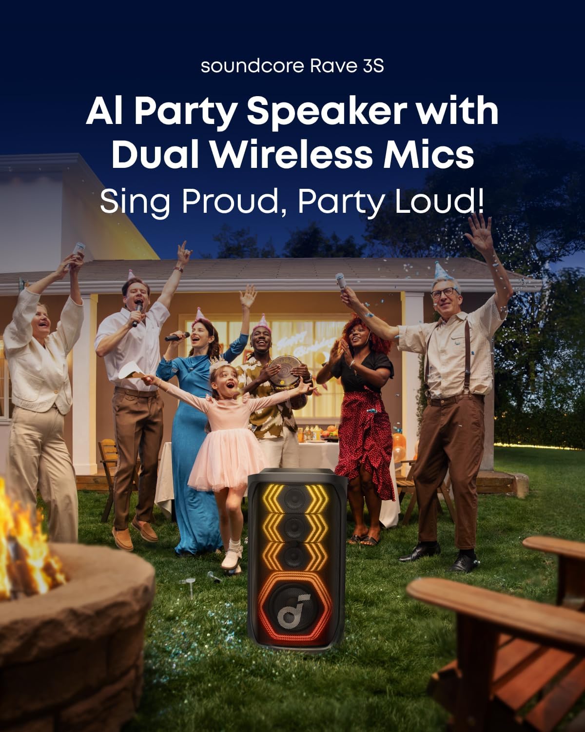 soundcore Rave 3S AI Party Speaker with 2 Wireless Microphones, 200W Sound, AI Vocal Removal, Reverb, Light Show, 12H Playtime, Portable Bluetooth PA System for Home, Party, or Backyard (Renewed)