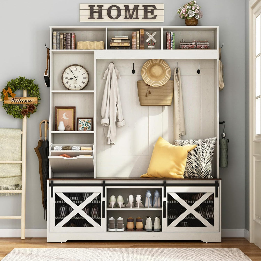 75''H LED Farmhouse Hall Tree with Bench and Shoe Storage,Entryway Bench with Coat Rack,16 Shoe Cubbies & Umbrella Holder and Sock Storage Drawer,Mudroom/Hallway Storages Cabinet(white )