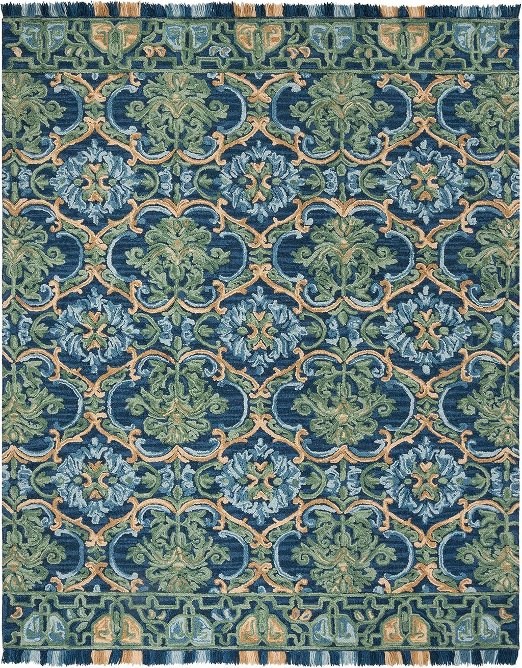 SAFAVIEH Blossom Collection Area Rug - 9' x 12', Navy & Green, Handmade Boho Fringe Wool, Ideal for High Traffic Areas in Living Room, Bedroom (BLM422A)