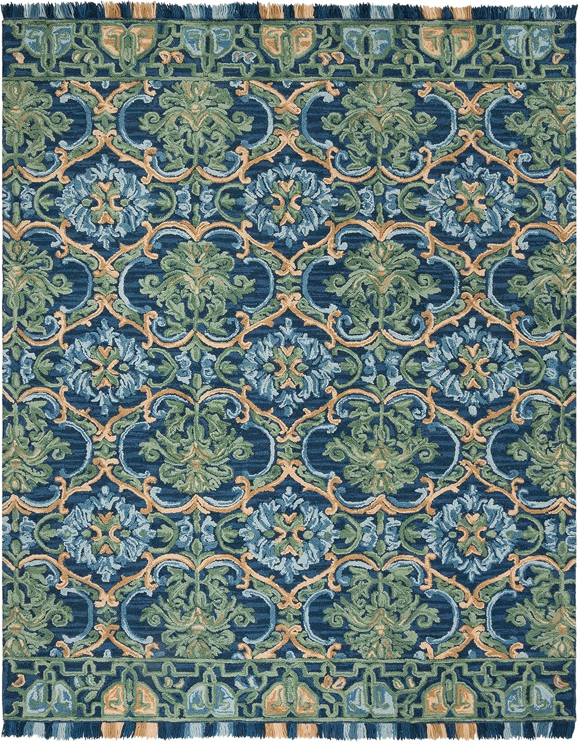 SAFAVIEH Blossom Collection Area Rug - 9' x 12', Navy & Green, Handmade Boho Fringe Wool, Ideal for High Traffic Areas in Living Room, Bedroom (BLM422A)