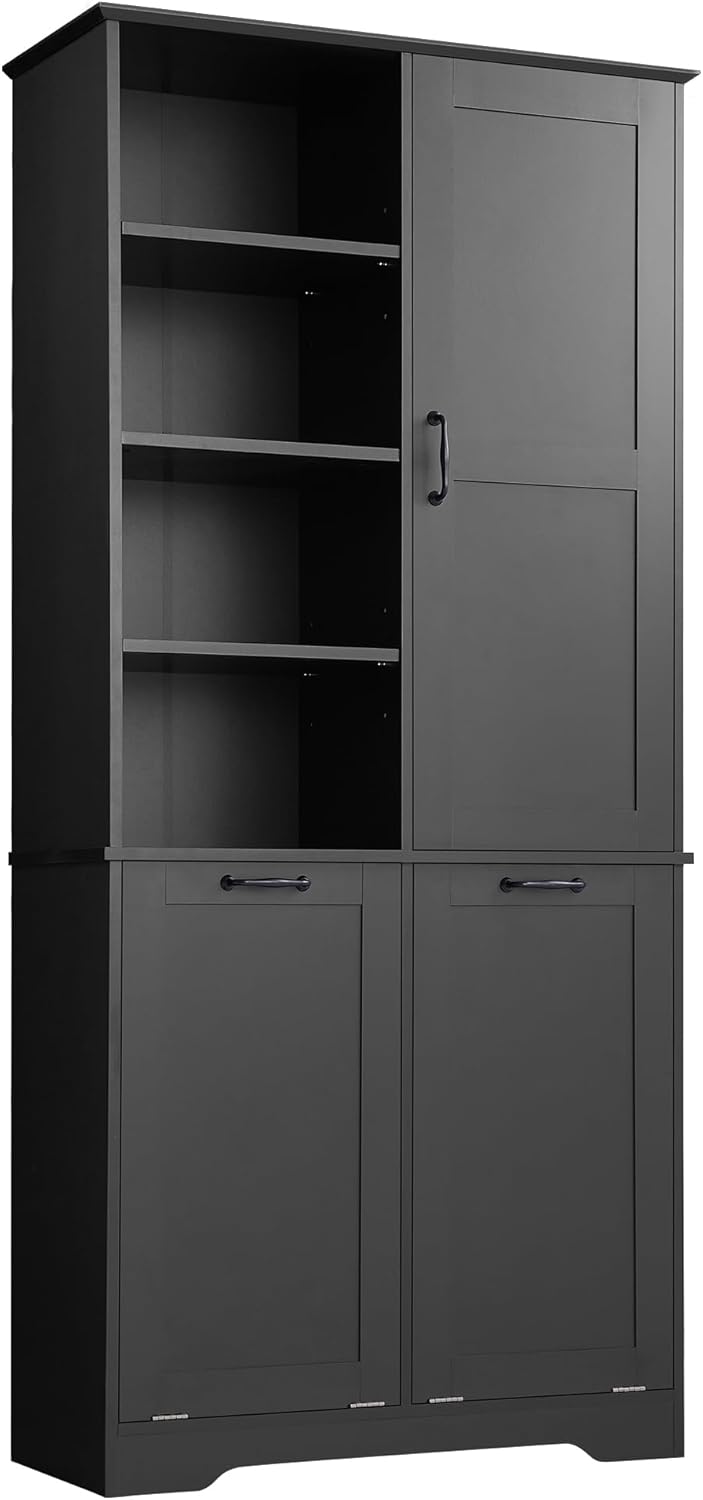 SOFTSEA 68" Double Tilt Out Laundry Hamper, Tall Hidden Laundry Basket Cabinet with Adjustable Shelf, Freestanding Bathroom Storage Cabinet with Doors and Open Shelves, Black