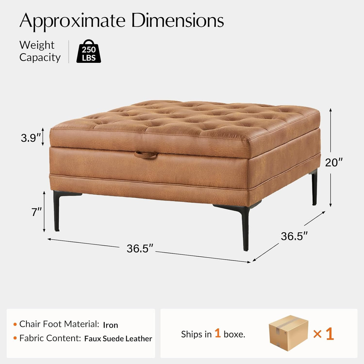 HULALA HOME Faux Leather Coffee Table, 36.5" Square Storage Ottoman with Metal Legs, Button-Tufted Coffee Table with Storage for Living Room, Camel