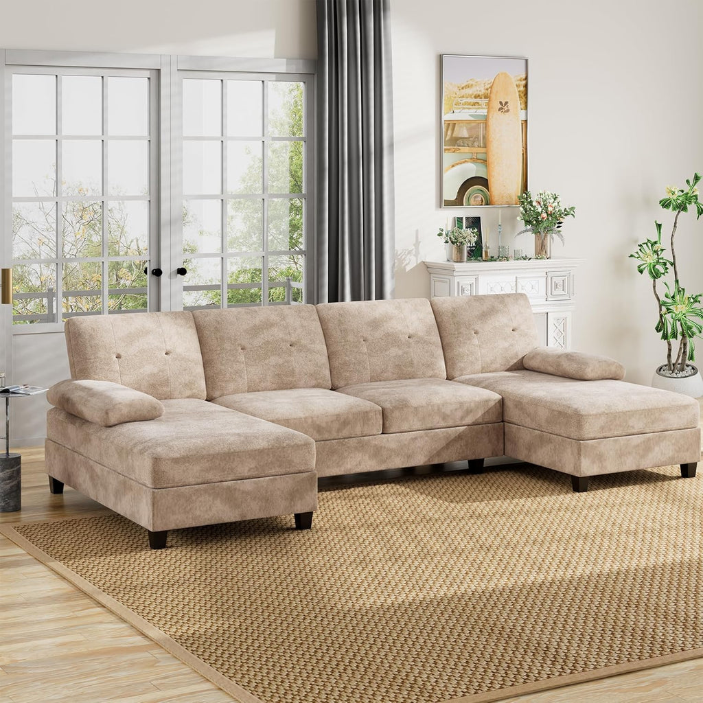 U-Shaped Sectional Couches for Living Room, 4 Seat Sofa with Double Chaise Lounges,Solid Wood Frame Sectional Sofa for Apartment,Beige
