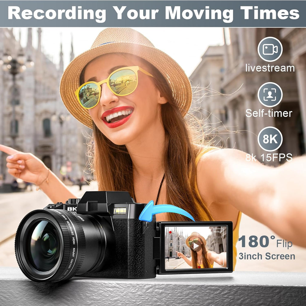 8K&64MP Digital Cameras for Photography, 16X Zoom, WiFi, 180° Flip Screen, Autofocus, Anti-Shake, Wide-Angle & Macro Lens, Built-in Fill Light, PU Leather Case, 64GB Card & 2 Batteries (Black)