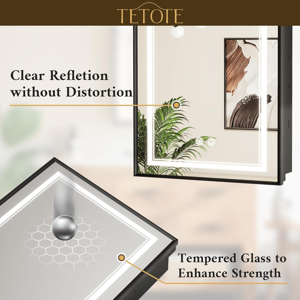 TETOTE Black Led Bathroom Medicine Cabinet with Mirror 20 x 26 Recessed or Surface Mount Metal Framed Lighted Medicine Cabinet, Tempered Glass, 3 Color Dimming, Anti-Fog, 2 Outlets, Adjustable Shelf