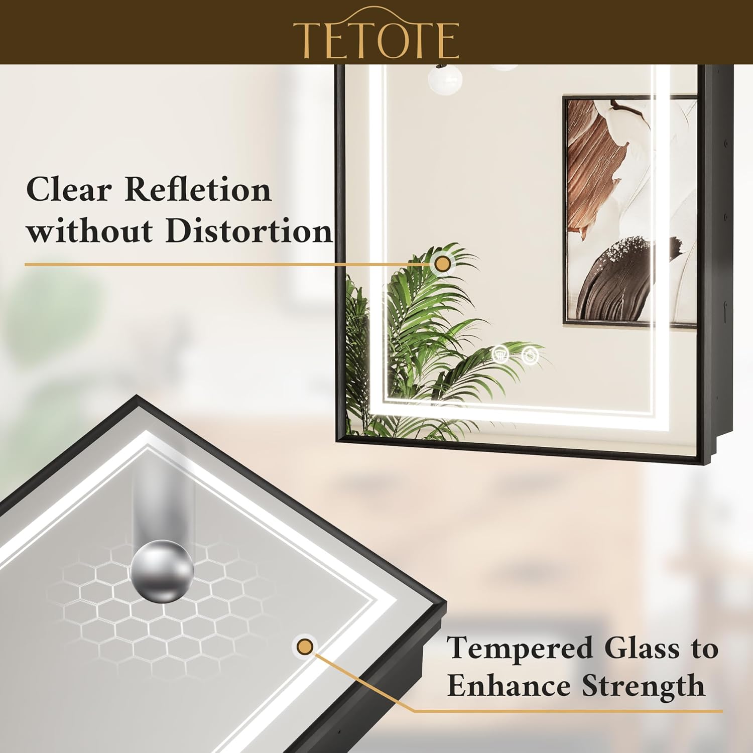 TETOTE Black Led Bathroom Medicine Cabinet with Mirror 20 x 26 Recessed or Surface Mount Metal Framed Lighted Medicine Cabinet, Tempered Glass, 3 Color Dimming, Anti-Fog, 2 Outlets, Adjustable Shelf