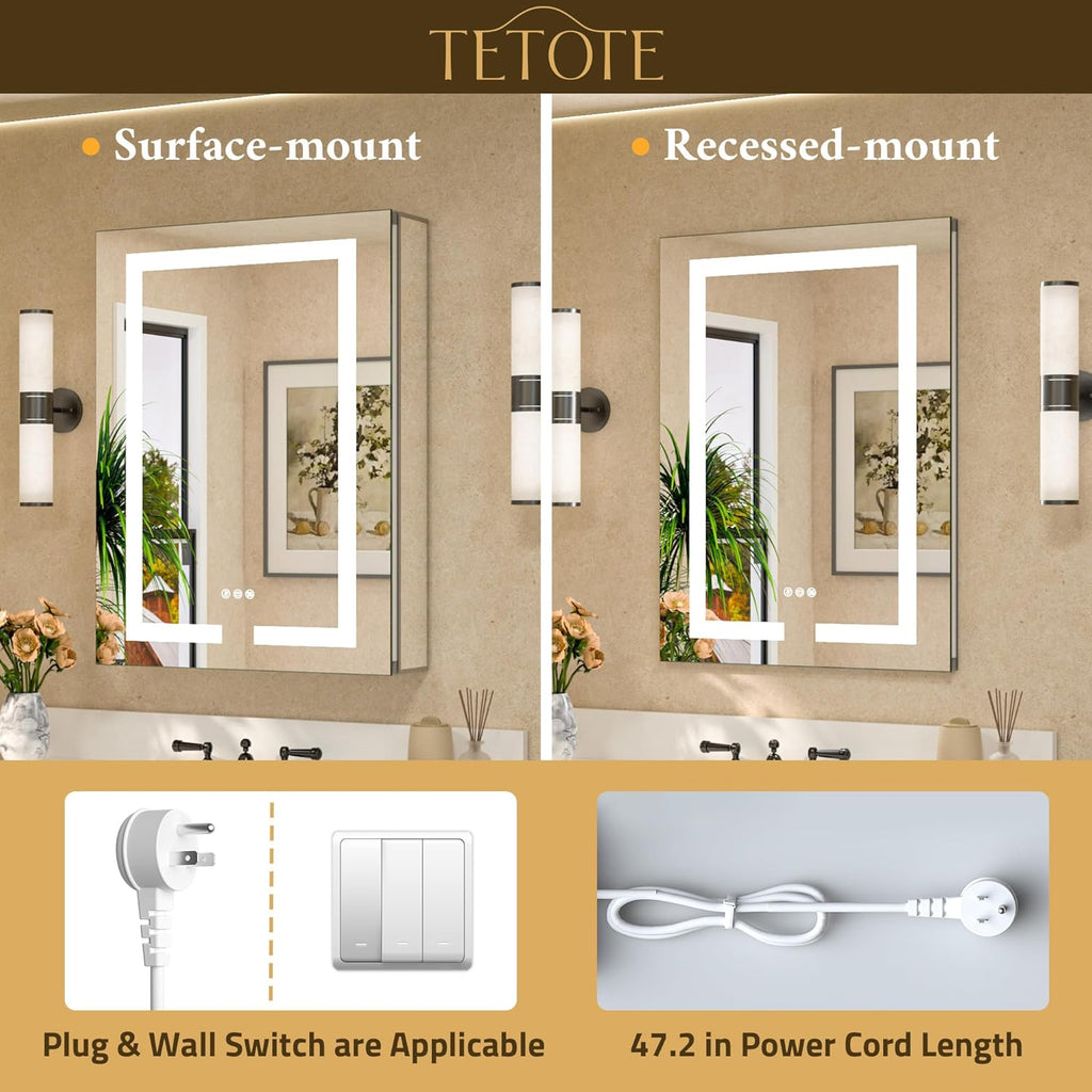 TETOTE LED Lighted Medicine Cabinet Mirror with Tempered Glass 16 x 24 Recessed or Surface Mount Bathroom Cabinet with Lights and Storage, Outlets & USB, 3-Color Dimming, Defog, Adjustable Shelves