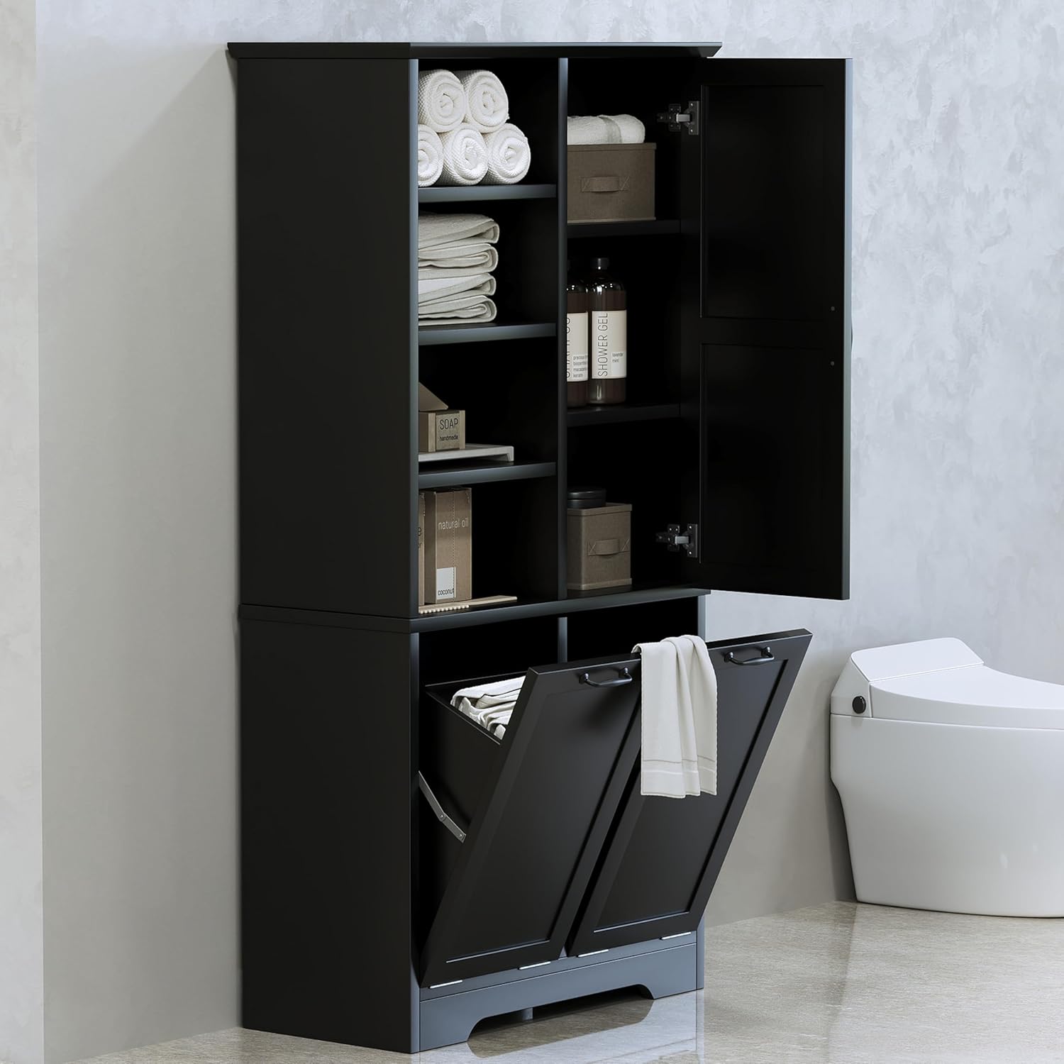 Tall Storage Cabinet with Door and Open Shelf, Multi-Functional Laundry Hamper Basket for Home Bathroom, Laundry Room, Black
