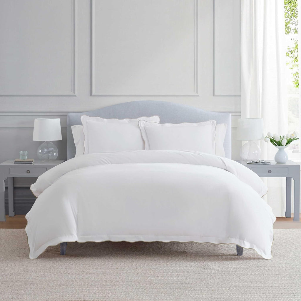 Martha Stewart - King Duvet Cover Set, 100% Soft Cotton Bed Set with a Smooth Cotton Percale Reverse, 3 Piece Bedding with Matching Pillowcases (Simple Scallop Beige)