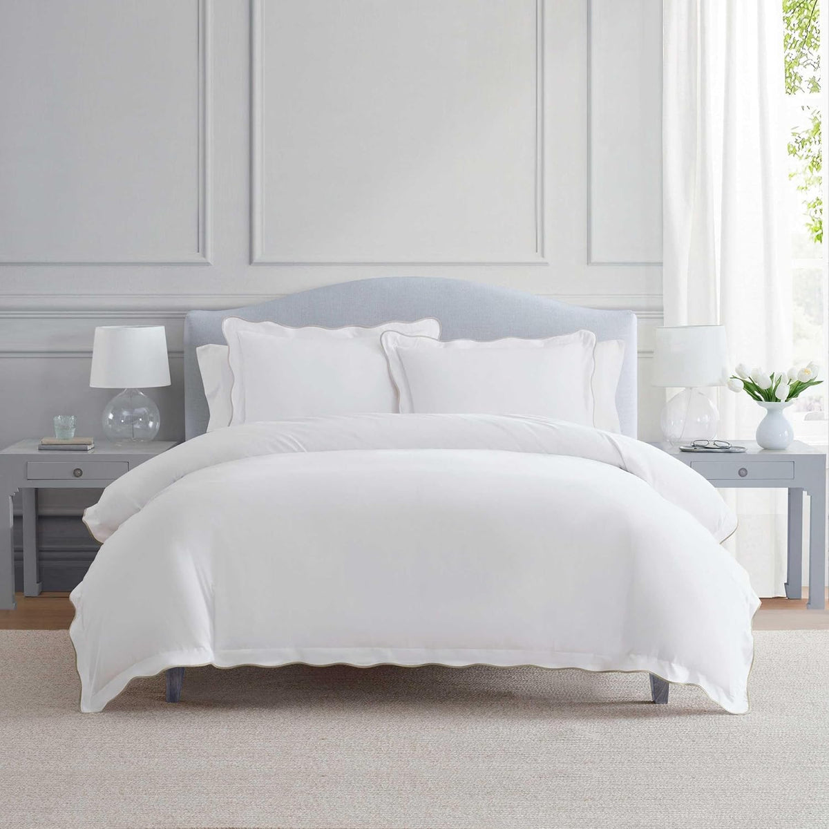Martha Stewart - King Duvet Cover Set, 100% Soft Cotton Bed Set with a Smooth Cotton Percale Reverse, 3 Piece Bedding with Matching Pillowcases (Simple Scallop Beige)