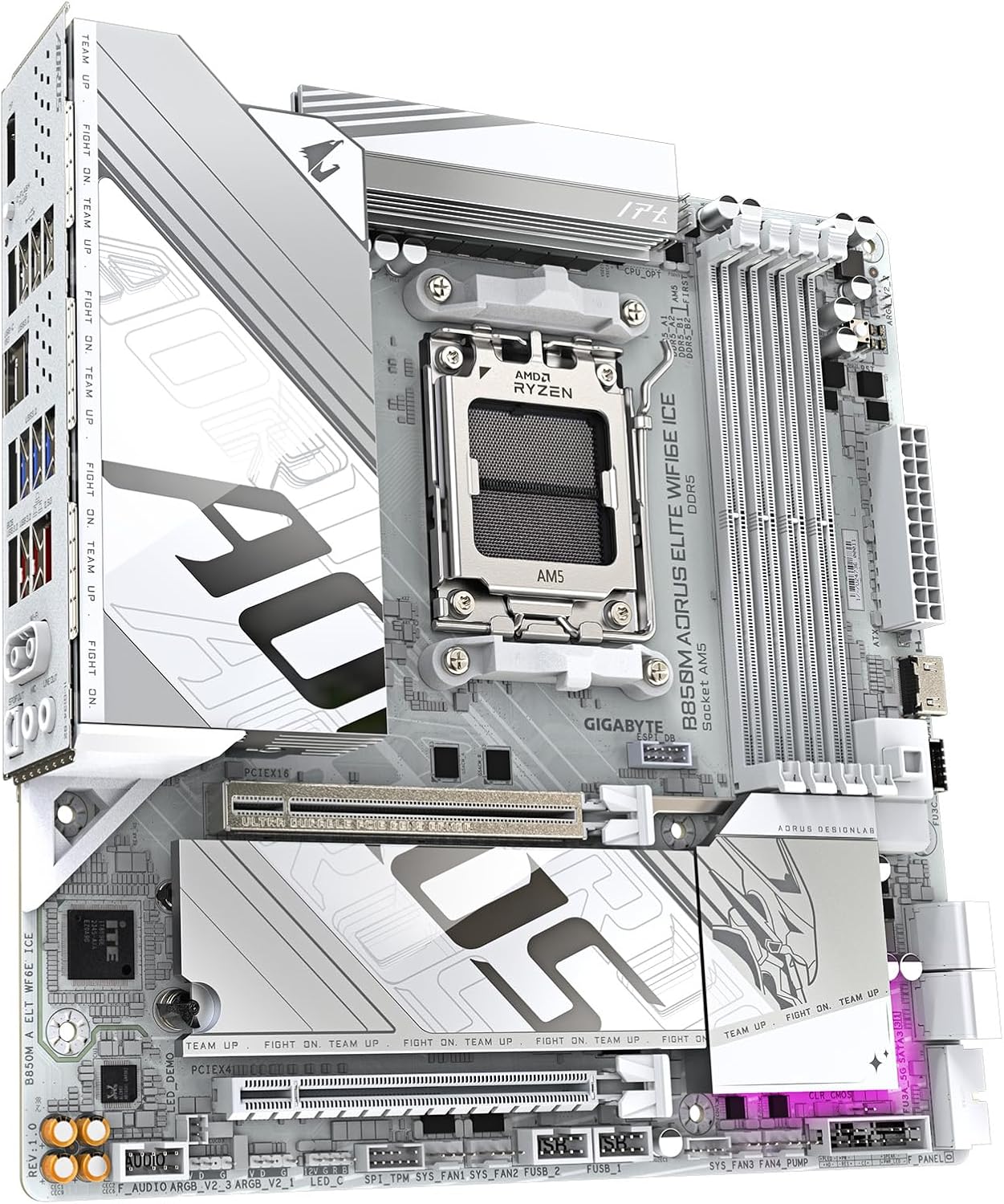 GIGABYTE B850M AORUS Elite WIFI6E ICE AMD AM5 mATX Motherboard, Support AMD Ryzen 9000/8000/7000 Series, DDR5, 12+2+2 Power Phase, 2X M.2, PCIe 5.0, USB-C, WIFI6E, 2.5GbE, EZ-Latch, 5-Year Warranty
