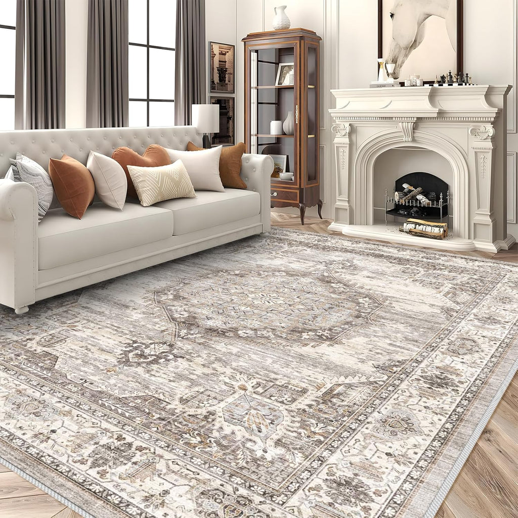 Area Rugs 9x12 Living Room：Machine Washable Rug - Soft Carpet for Bedroom - Waterproof Stain Resistant Vintage Distressed Area Rug 9'x12' Beige