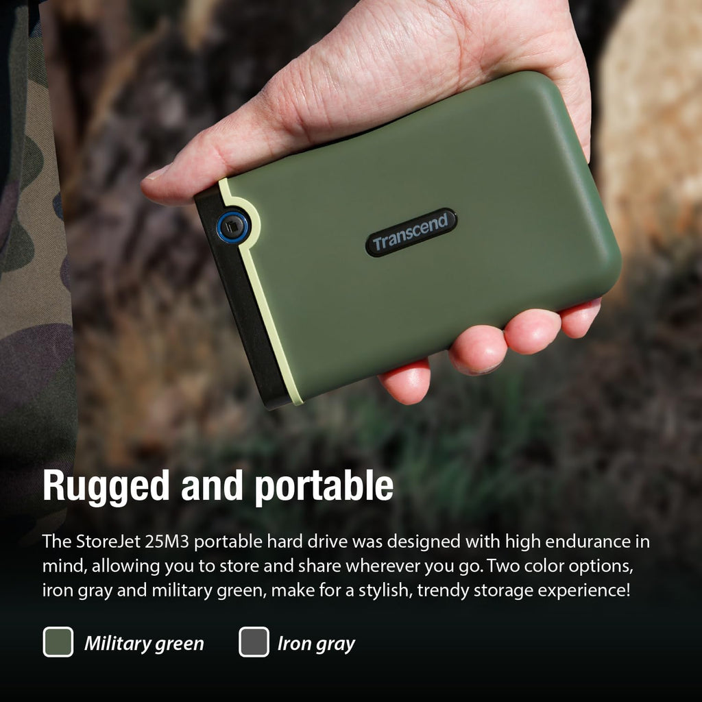 Transcend StoreJet 2TB Rugged External Hard Drive, USB3.1(5Gbps) Portable HDD w/One Touch Auto-Backup Button/Anti-Shock Resistant/Compact&Lightweight/Lightning-Fast Speeds, Iron Gray - TS2TSJ25M3S