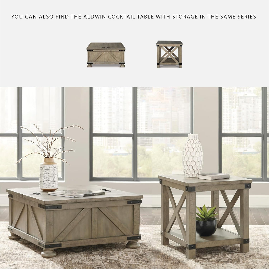 Signature Design by Ashley Aldwin Casual Farmhouse Rectangular End Table with Crossbuck Details, Metal Bracket Accents, Wood, 25" High, Weathered Gray