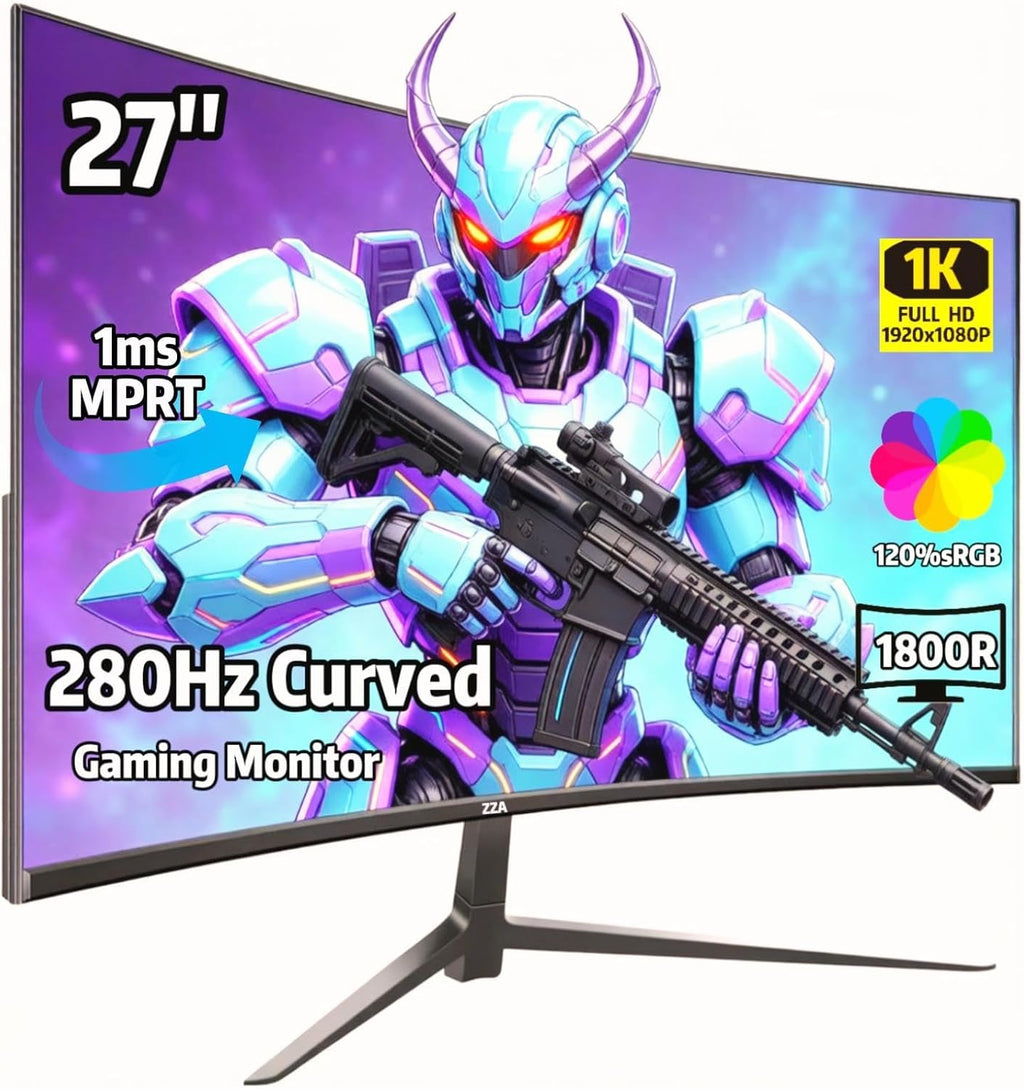 ZZA 27" Curved Gaming Monitor, 280Hz 240Hz Gaming Monitor, 1800R VA Panel, 120% sRGB, AMD FreeSync, 1ms GTG, Esports Ready Display, Flicker-Free, HDMI & DP, VESA Mount - Black