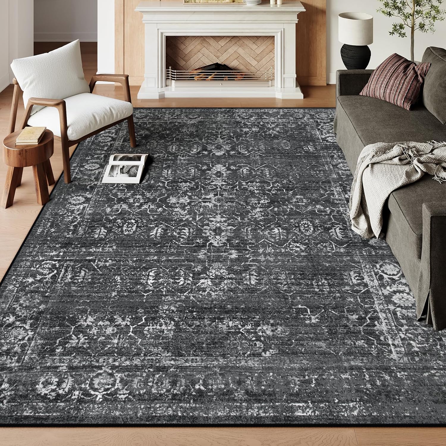 Lahome Margot Area Rugs 9x12 Living Room Soft Large Rugs for Bedroom, Boho Black Dining Room Rug, Distressed Non Slip Low Pile Carpet for Indoor Home Office(9'x12', Black/Grey)