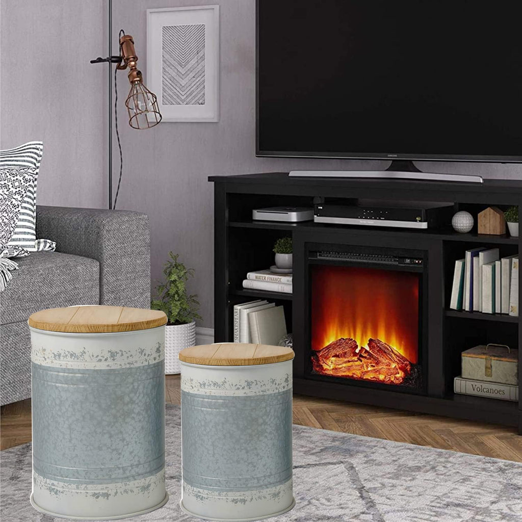 Glitzhome Rustic End Table Set of 2, Farmhouse Galvanized Metal Barrel Ottoman Storage Stool with Round Wood Lid for Living Room Furniture, Distressed White