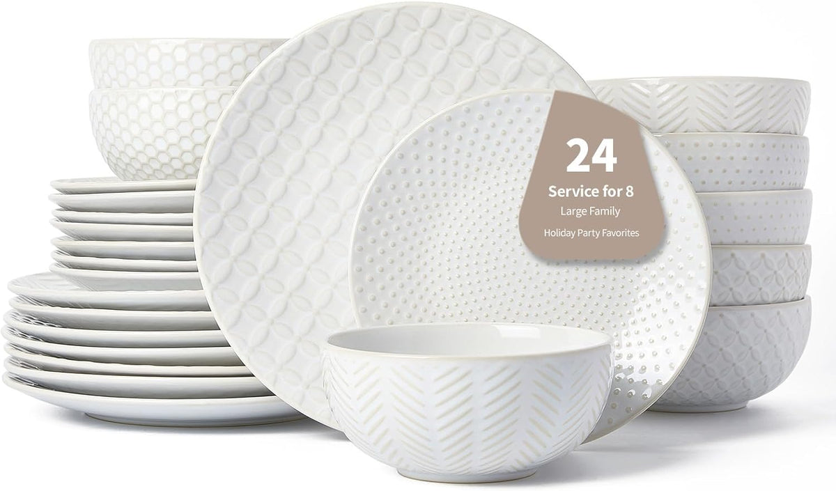 24 Piece Dinnerware Sets for 8, Premium Stoneware Plates and Bowls Sets, Microwave & Dishwasher Safe, Elegant Dishes for Entertaining & Special Occasions – A Stunning Gift for Large Families