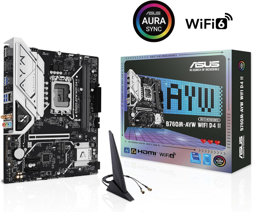 ASUS B760M-AYW WiFi D4 II Intel® B760 (LGA 1700) microATX mATX Motherboard, PCIe 5.0 x16 Support, Two M.2 Slots, DDR4, Realtek 2.5Gb Ethernet, Wi-Fi 6, HDMI, SATA 6 Gbps, Front USB 5Gbps, Aura Sync