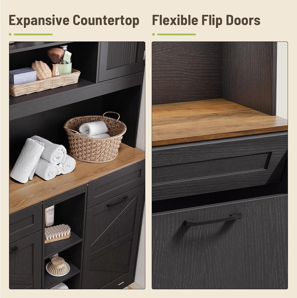 Tall Tilt-Out Double Laundry Hamper Cabinet with 2x11-Gallon Laundry Basket, Trash Bin Cabinet with Fluted Glass Doors, Farmhouse Wooden Bathroom Storage with Push Doors, Black and Walnut