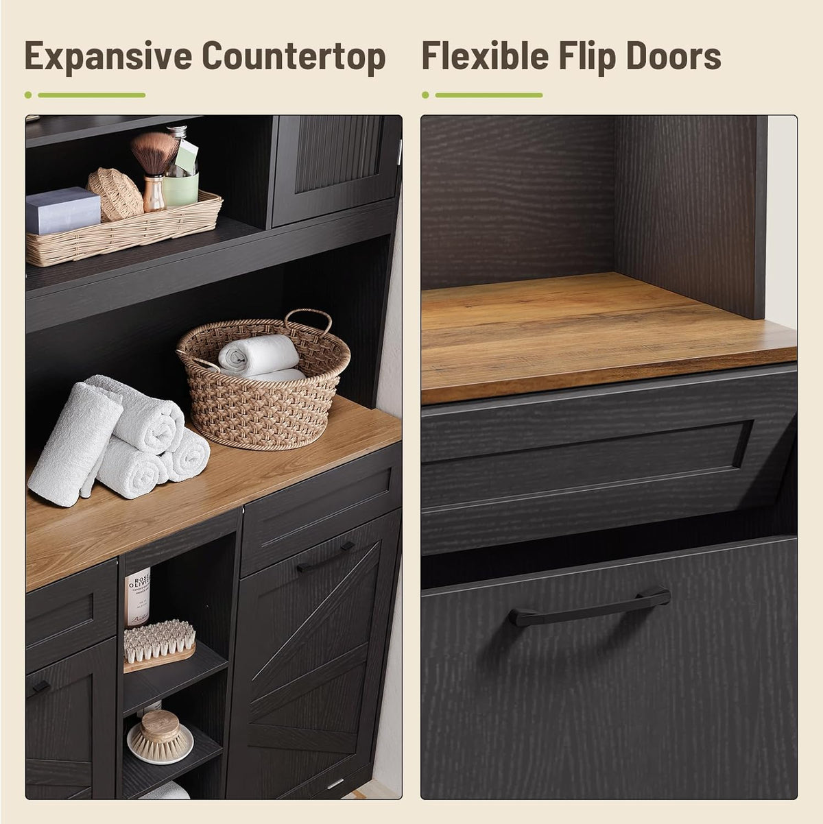 Tall Tilt-Out Double Laundry Hamper Cabinet with 2x11-Gallon Laundry Basket, Trash Bin Cabinet with Fluted Glass Doors, Farmhouse Wooden Bathroom Storage with Push Doors, Black and Walnut