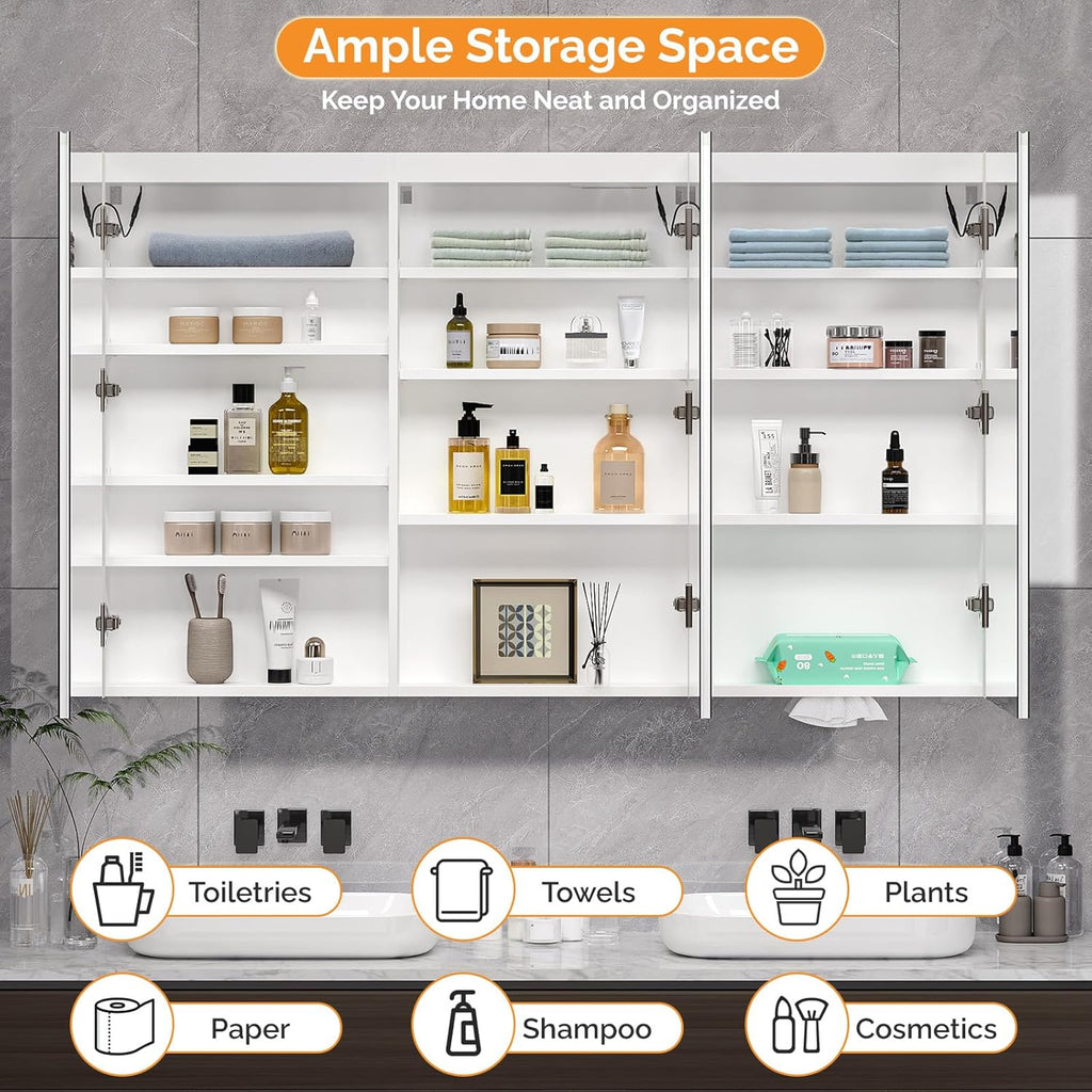 VINGLI 60 x 36 Inch Extra Large Lighted Bathroom Medicine Cabinet with Mirror, Large 3-Door Wall Mounted Bathroom Medicine Cabinet with Lights, Dimmable Mirror with Storage, Built-in Outlet & USB