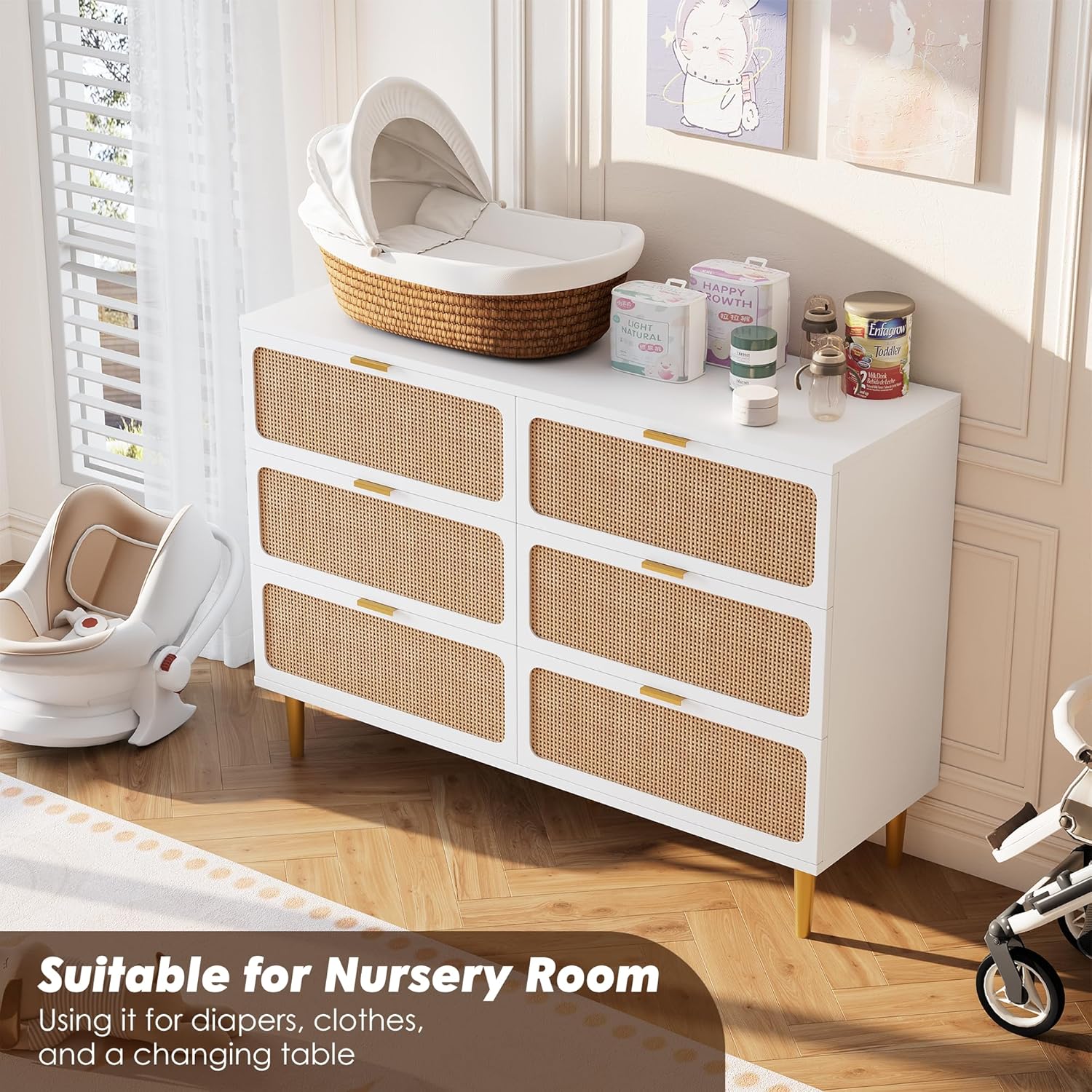 GarveeHome Rattan 6 Drawer Dressers for Bedroom, Large Double Dresser with Deep Drawers, Chest of Drawers for Closet with Wide Top, Long Wooden Dresser for Living Room, Hallway, Kids Room, White
