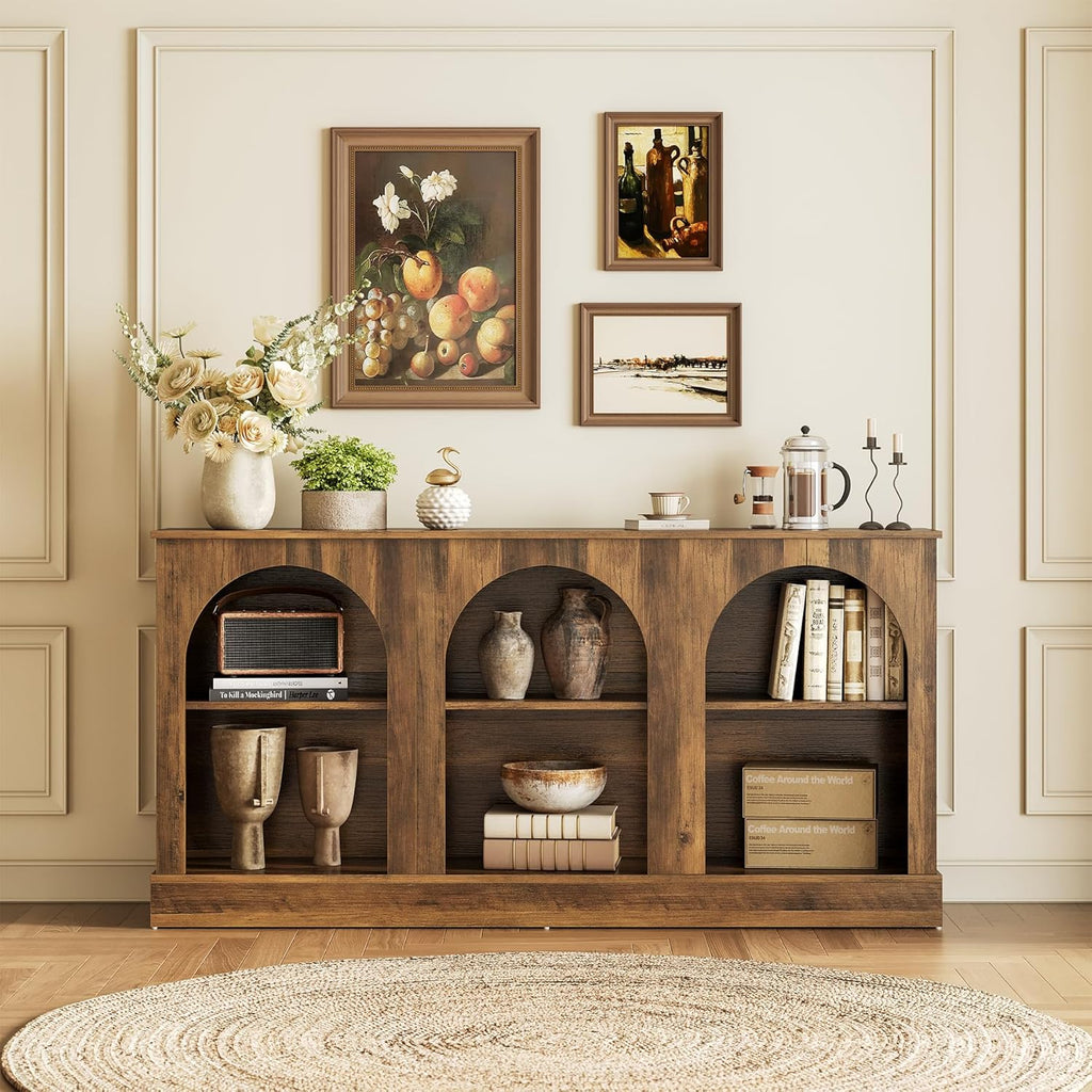 LITTLE TREE 63" Modern Console Sofa Table with 3-Tier Storage, Wooden Rectangular Foyer Table, for Entrance, Hallway, Living Room, Rustic Brown