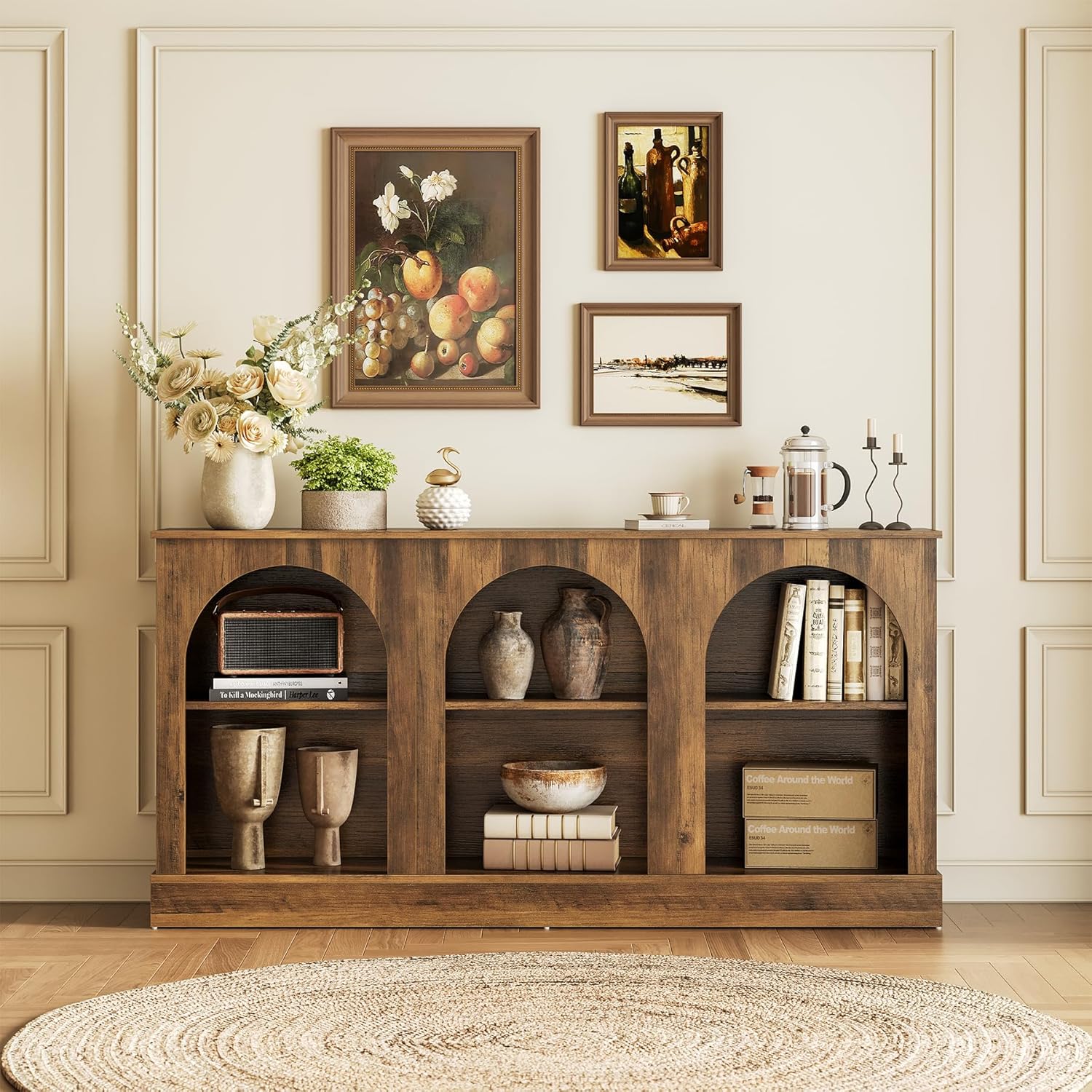 LITTLE TREE 63" Modern Console Sofa Table with 3-Tier Storage, Wooden Rectangular Foyer Table, for Entrance, Hallway, Living Room, Rustic Brown