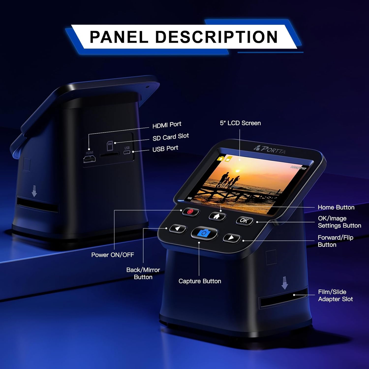 PORTTA Film Scanner with 5" LCD Screen, 22MP Slide & Negative Scanner, Converts 135, 126, 110 Film & Slides to Digital Photos, HDMI Output, SD Card Storage, No Computer Required