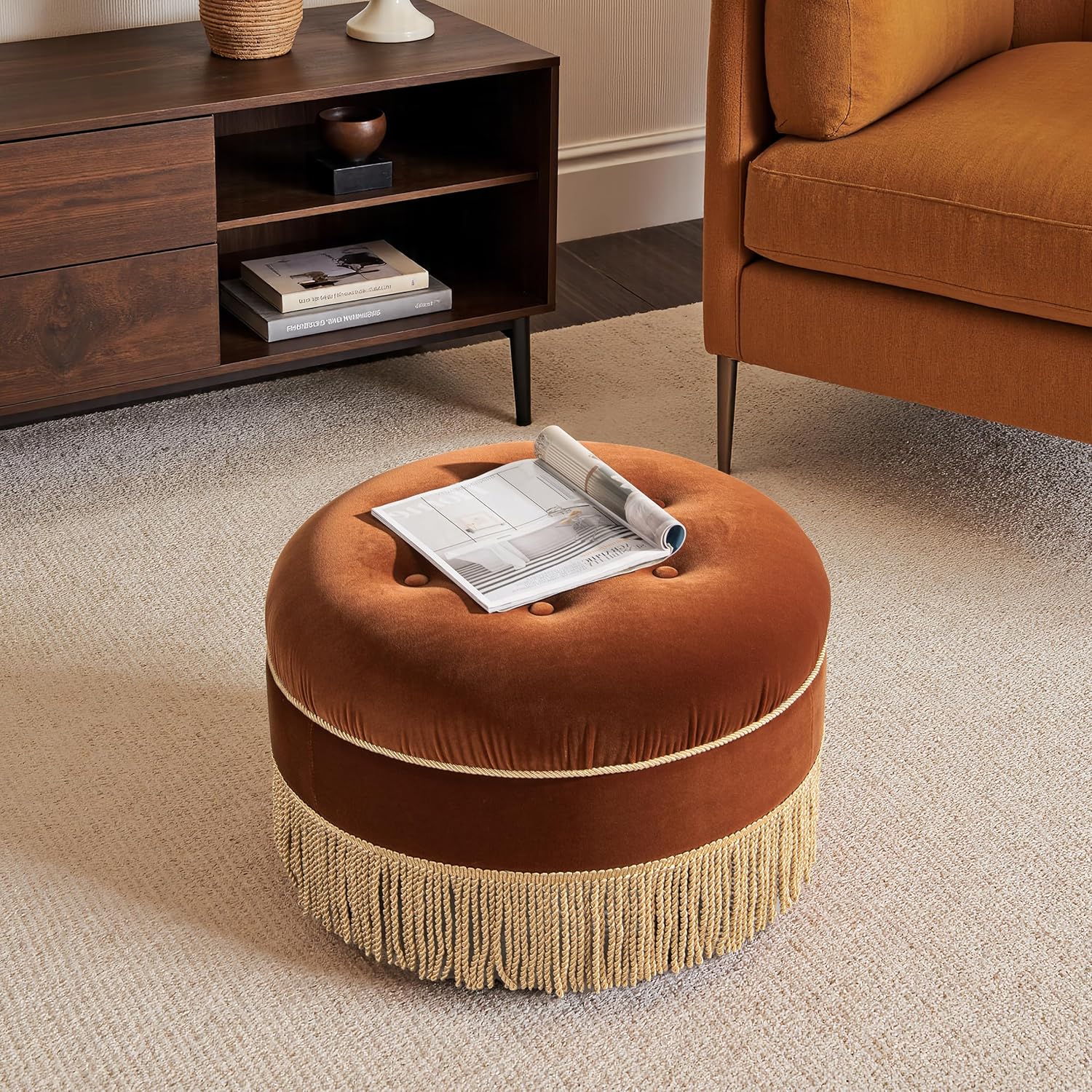 Jennifer Taylor Home Yolanda 24" Round Upholstered Accent Ottoman, Burnt Orange Performance Velvet