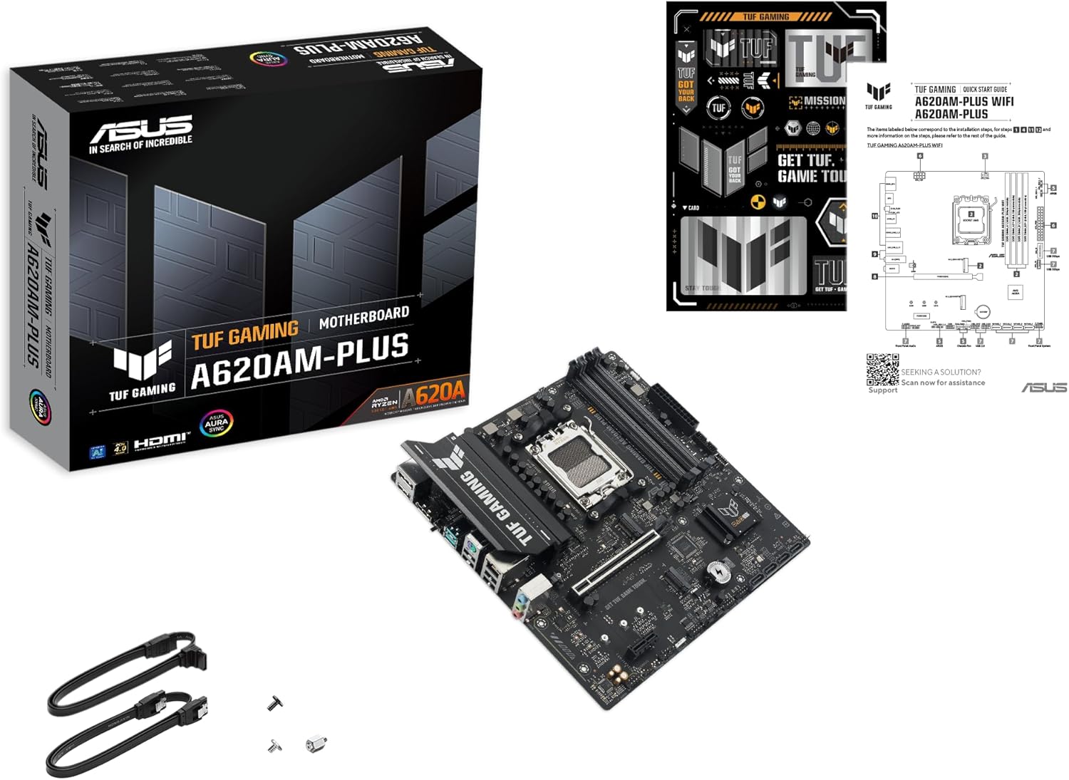 TUF Gaming A620AM-PLUS WiFi AMD A620A mATX Motherboard, 8+2+1 Power Stages, DDR5, PCIe 4.0, Dual M.2 Slots, WiFi 6, 2.5Gb Ethernet, Dual DisplayPort, HDMI, Rear USB-A 10Gbps, Front USB-C 10Gbps