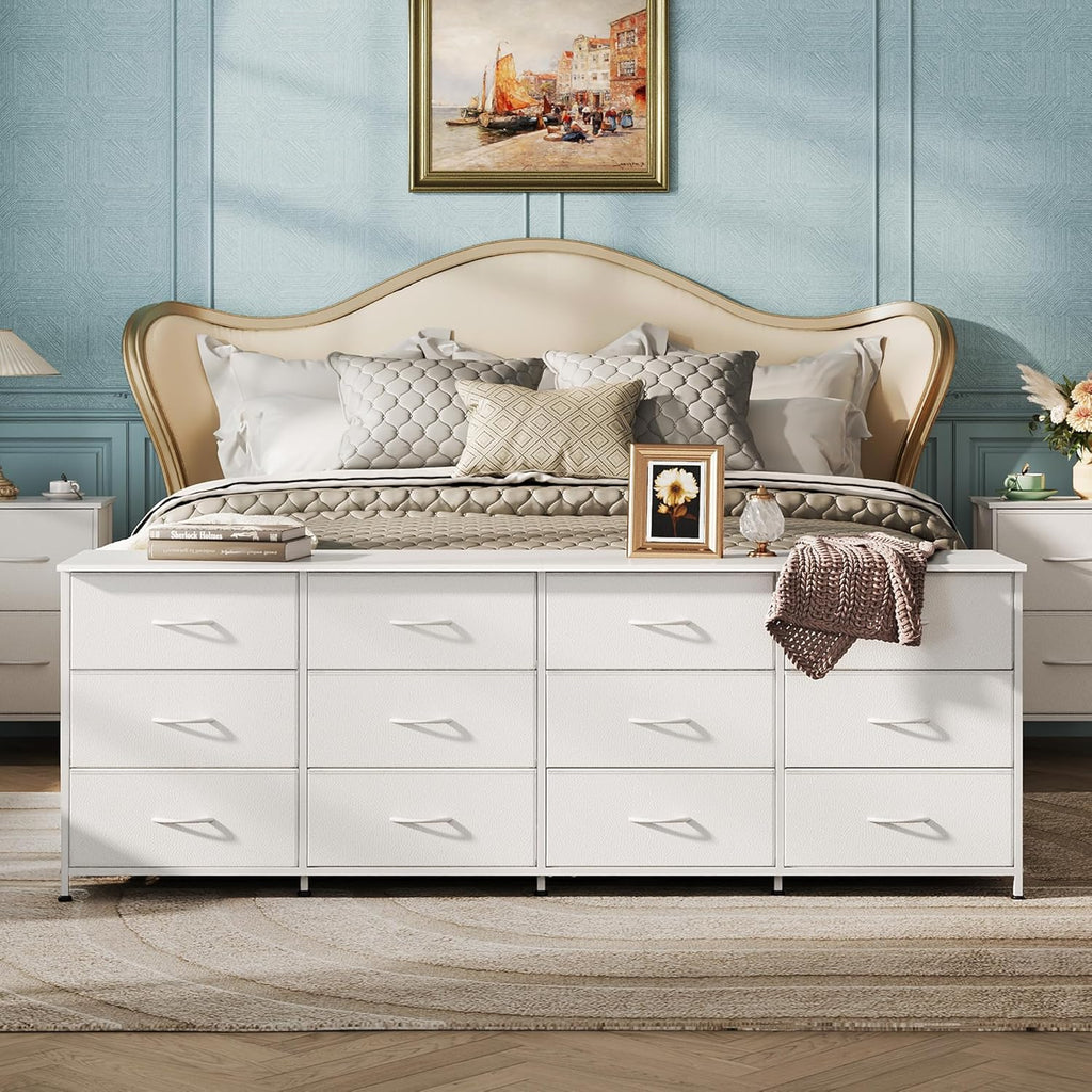 WLIVE 75.5'' White Dresser for Bedroom, TV Stand for 85, 80, 75, 65 Inch TV, 12 Drawer Long Fabric Dresser with Wood Top, Wide Entertainment Center Storage Chest for Living Room, Closet