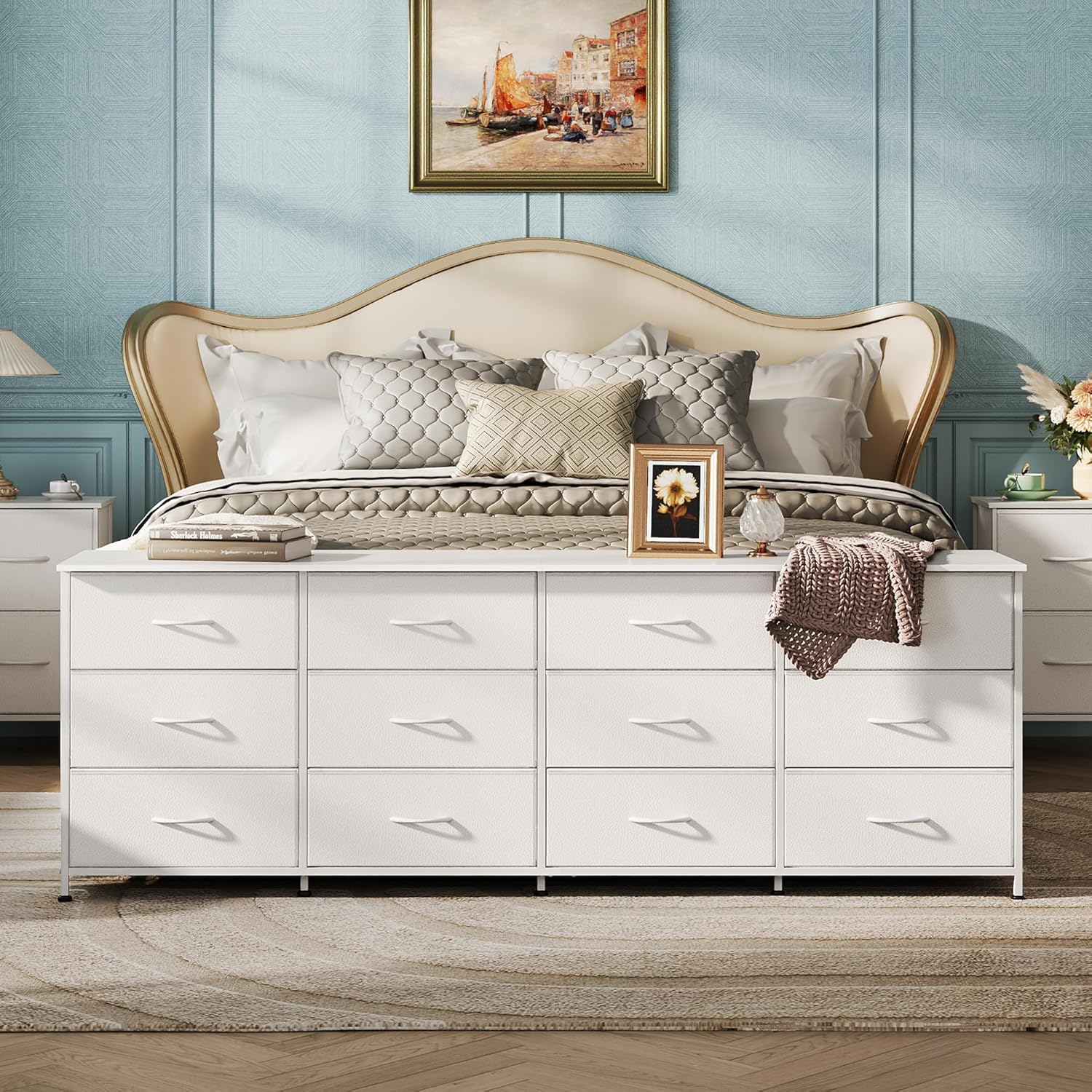 WLIVE 75.5'' White Dresser for Bedroom, TV Stand for 85, 80, 75, 65 Inch TV, 12 Drawer Long Fabric Dresser with Wood Top, Wide Entertainment Center Storage Chest for Living Room, Closet