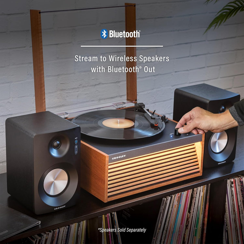 Crosley CR6237A-NA Dean 3-Speed Bluetooth in/Out Vinyl Record Player Turntable with Built-in Speakers, LED Lights and Detachable Legs, Natural
