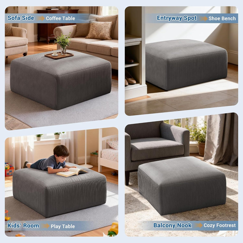 40" Oversized Square Corduroy Ottoman Pouf - Poofy Soft Foot Rest with Foam Chunk Filling, Movable Large Ottoman Pouf Footstool for Living Room Sofa Couch Bedroom, Grey(1 Piece)