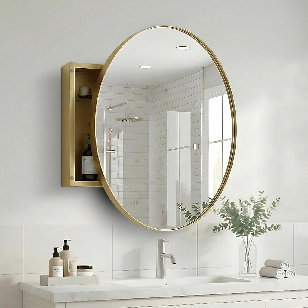 HOUSE REFLECTION 28 Inch Round Medicine Cabinets for Bathroom – Metal Frame, Adjustable Glass Shelves, HD Distortion Free Mirror Glass, Rust Resistant & Moisture-Proof, Mirrored Cabinet Door,Gold
