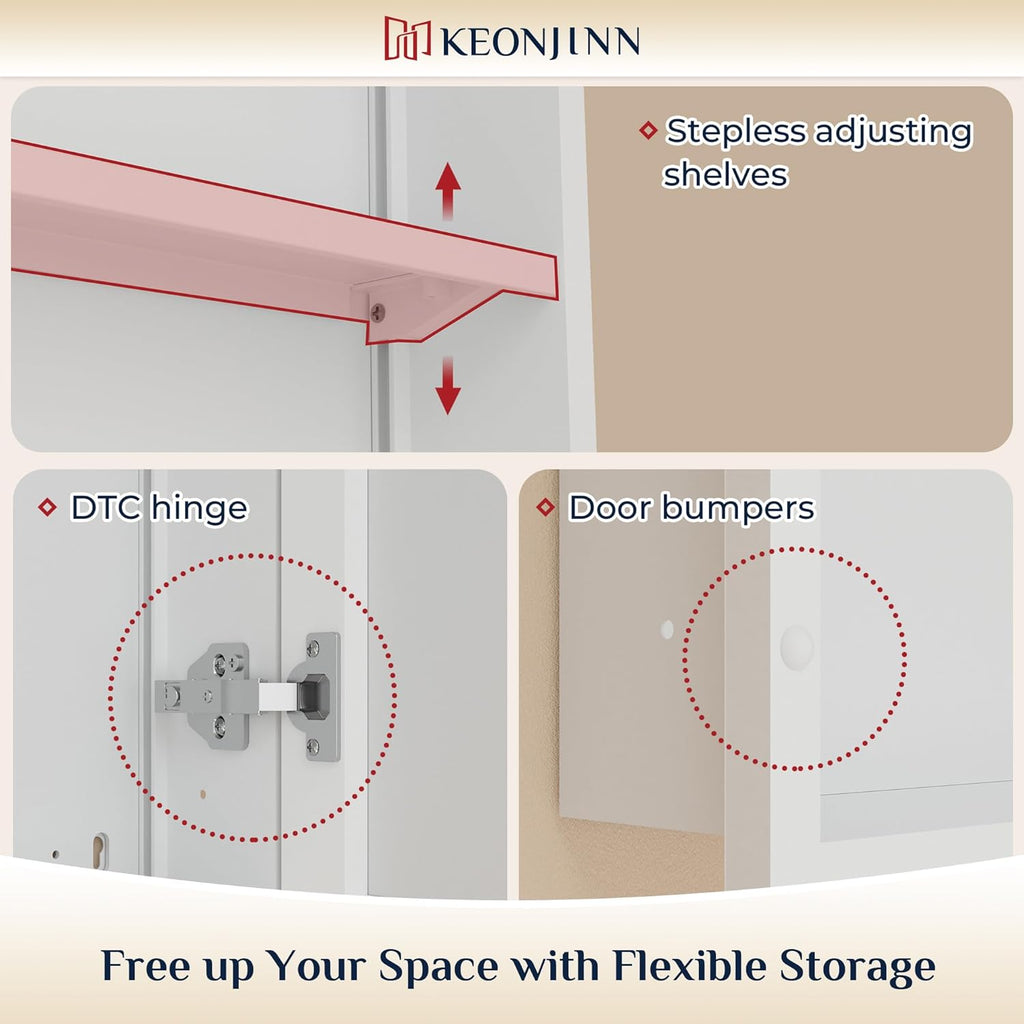 Keonjinn 20" x 26" White Medicine Cabinets for Bathroom with Mirror, Recessed or Surface Wall-Mounted Aluminum Alloy Framed Beveled Mirror, Single Door Farmhouse Bathroom Mirror with Storage Cabinet
