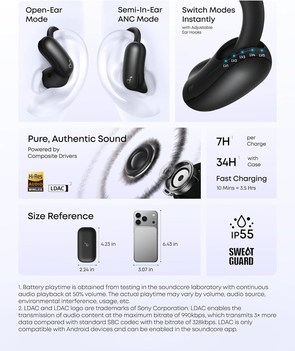 Soundcore AeroFit 2 Pro by Anker, Open-Ear and Active Noise Cancellation Modes, Hi-Res Open Ear Headphones for Commute,Office,Fitness, LDAC, 4-Mic AI Clear Calls, 34H, IP55, Wireless Bluetooth Earbuds