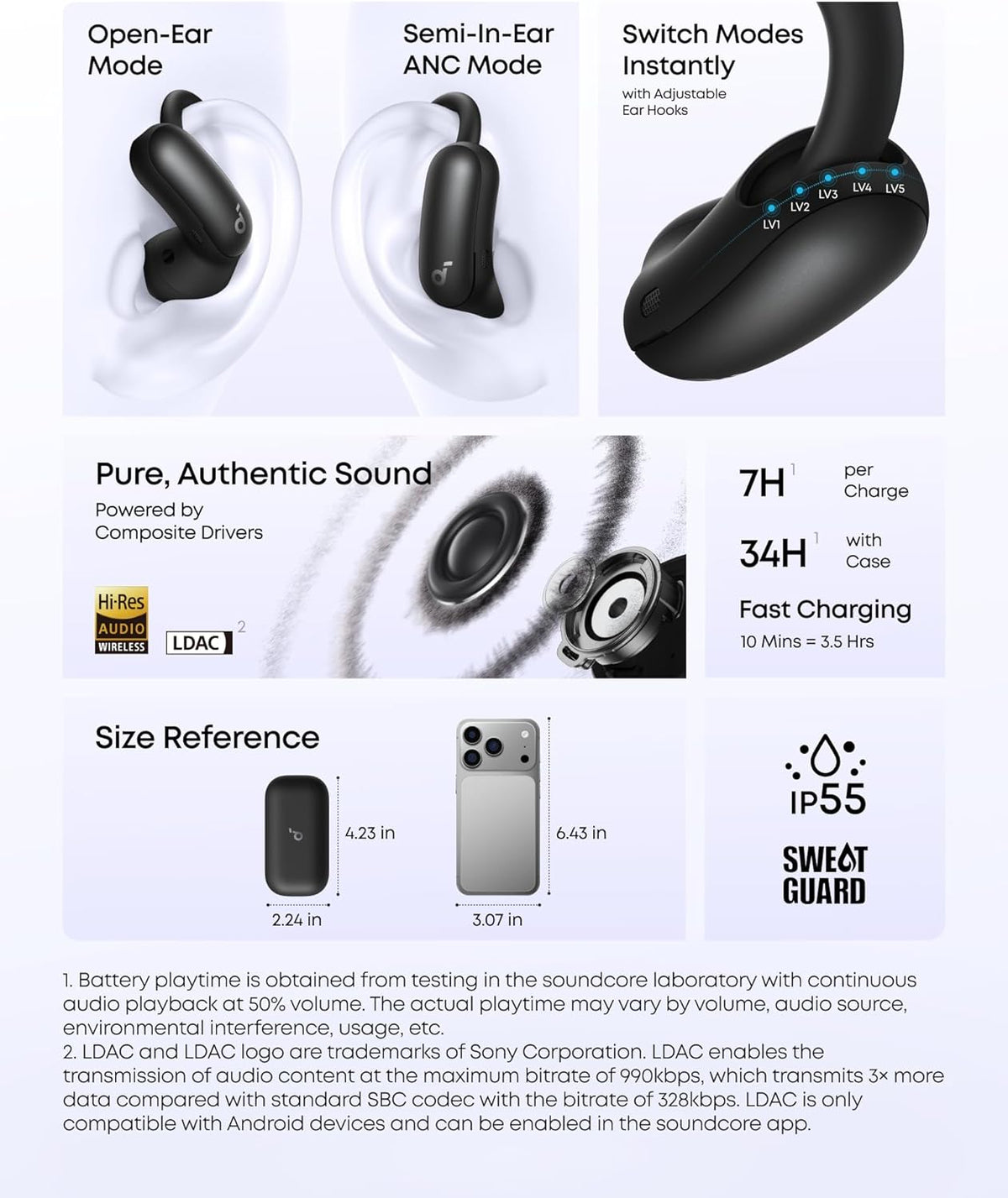 Soundcore AeroFit 2 Pro by Anker, Open-Ear and Active Noise Cancellation Modes, Hi-Res Open Ear Headphones for Commute,Office,Fitness, LDAC, 4-Mic AI Clear Calls, 34H, IP55, Wireless Bluetooth Earbuds
