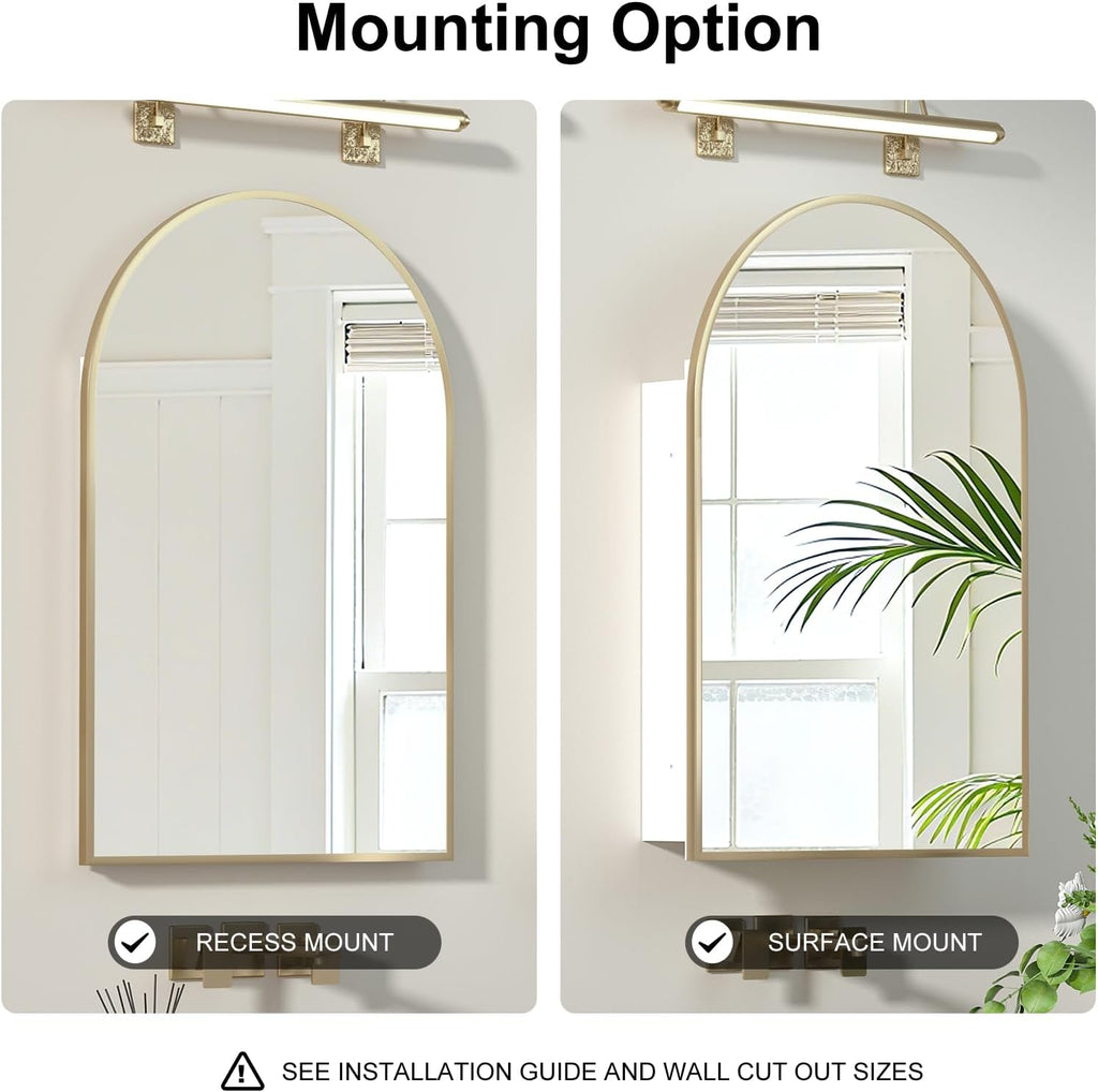Recessed Medicine Cabinet with Mirror,Brushed Gold Arched Medicine Cabinets for Bathroom,in Wall Bathroom Cabinet with Mirror,Mirrored Medicine Cabinets Wall Mounted 20x30