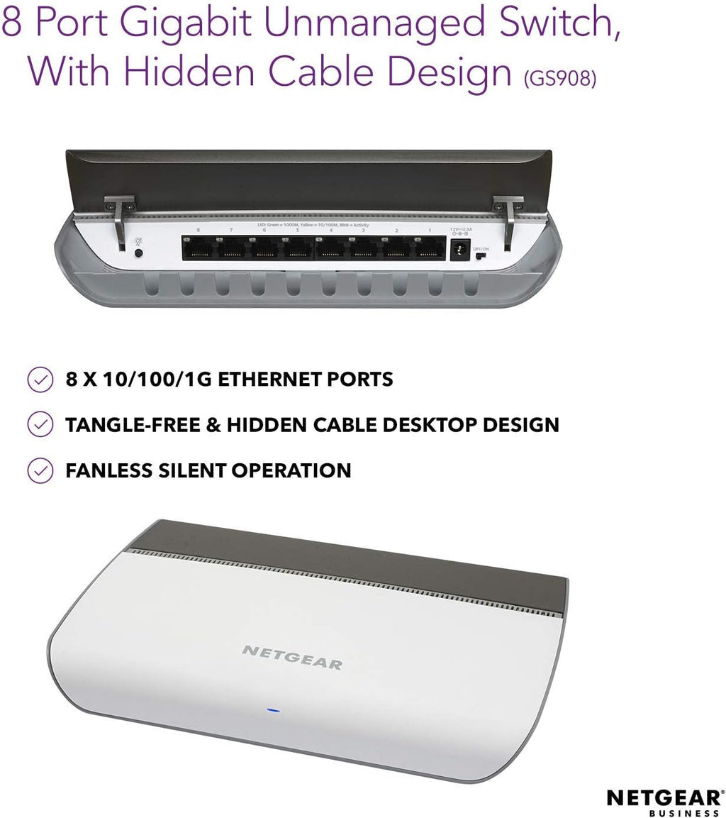 NETGEAR 8-Port Gigabit Ethernet Unmanaged Switch (GS908) - Desktop Housing with Integrated Cable Management, and Fanless Design for Quiet Operation
