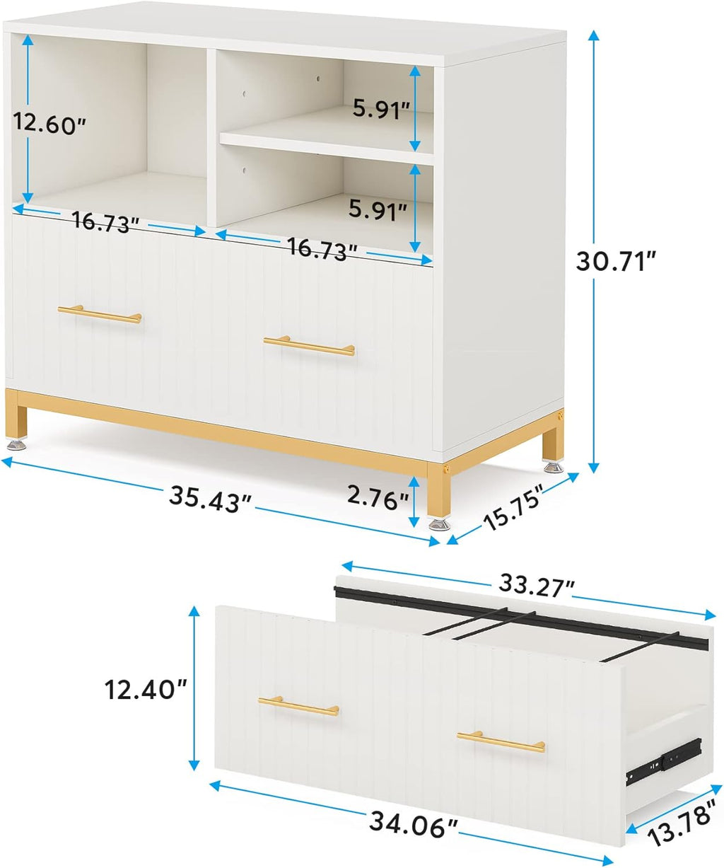 Tribesigns Lateral File Cabinet with Drawer, White Filing Cabinet for Letter/Legal/A4 Size Files, 35.4" Modern Wood File Storage Cabinets Printer Stand with Storage for Home, Office, White Gold