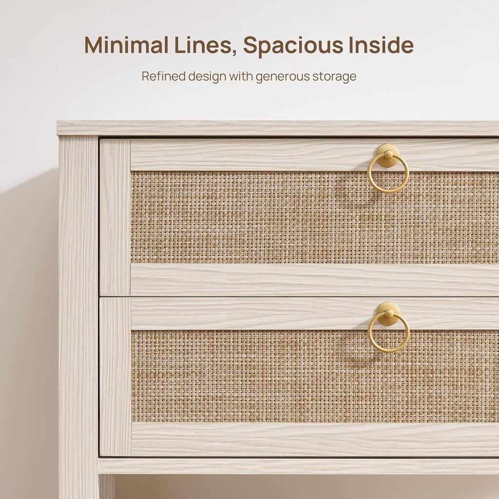 SICOTAS 26.7" Wide Boho Rattan Nightstand, White Oak Bedside Table with 2 Drawers & Open Shelf, Large Side Table for King Size Bed, Modern Coastal Accent Table for Bedroom
