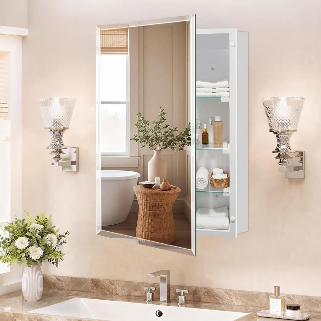 22”x30'' Frameless Beveled Mirror Medicine Cabinet, Removeable Shelf,Surface/Recessed Mount,Bathroom Cabinet with Storage