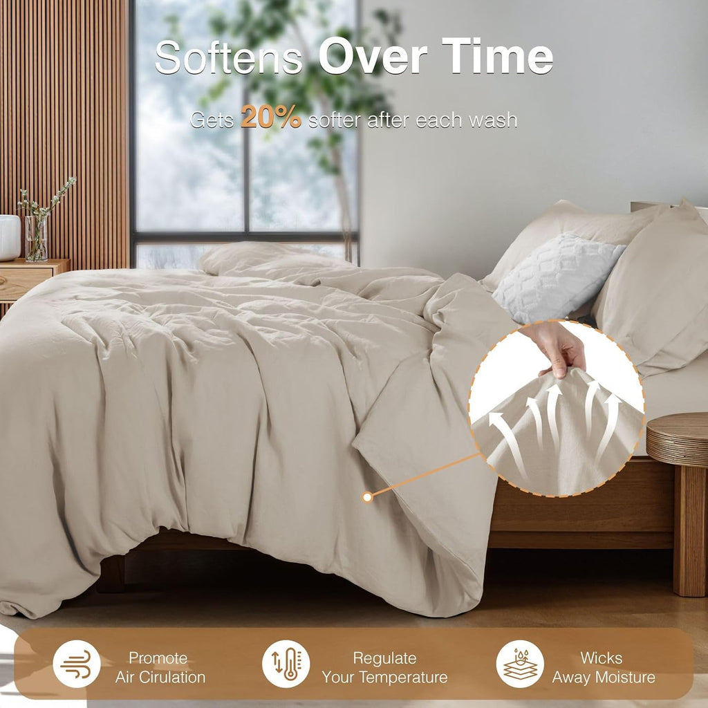 SONORO KATE 100% French Linen Duvet Cover Queen Size, Soft Breathable for Hot Sleepers, Moisture Wicking & Durable Cover Set - Zipper Closure & 4 Corner Ties Duvet Covers 3 Piece (Linen,Queen)