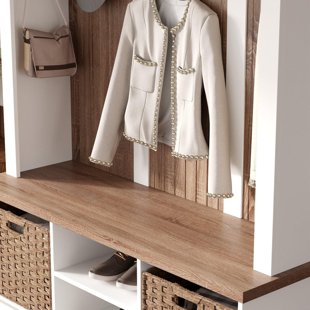 66.9" Tall Hall Tree with Bench and Shoe Storage, Modern Entryway Mudroom Furniture with Coat Rack and 2 Rattan Baskets, White and Oak Home Organizer with 5 Hooks for Foyer
