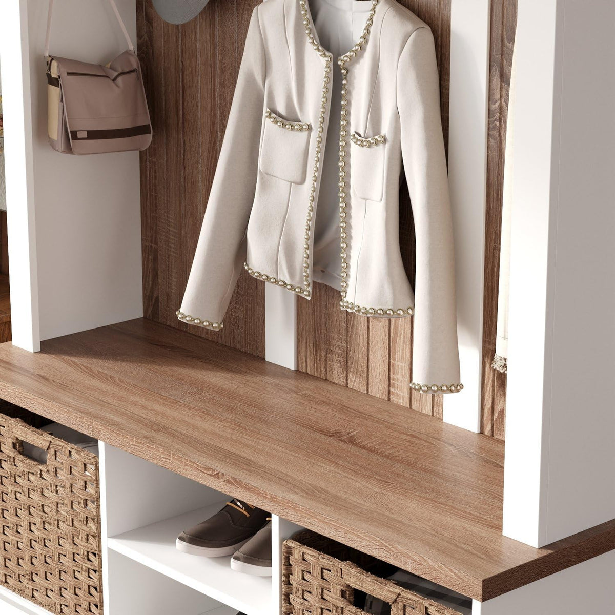 66.9" Tall Hall Tree with Bench and Shoe Storage, Modern Entryway Mudroom Furniture with Coat Rack and 2 Rattan Baskets, White and Oak Home Organizer with 5 Hooks for Foyer